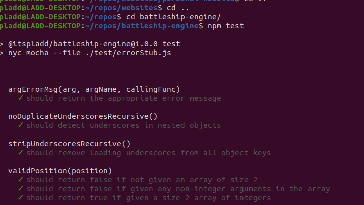 An animation of a console output scrolling through test results, with green check marks indicating successful tests.