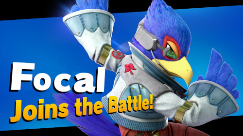 Falco, the Star Fox character, with the text 'FOCAL joins the battle!' superimposed.