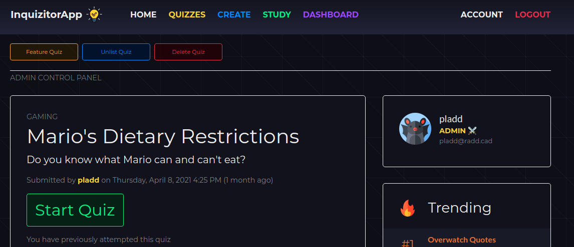 A screenshot of the InquizitorApp page, showing a quiz entitled 'Mario's Dietary Restrictions.'