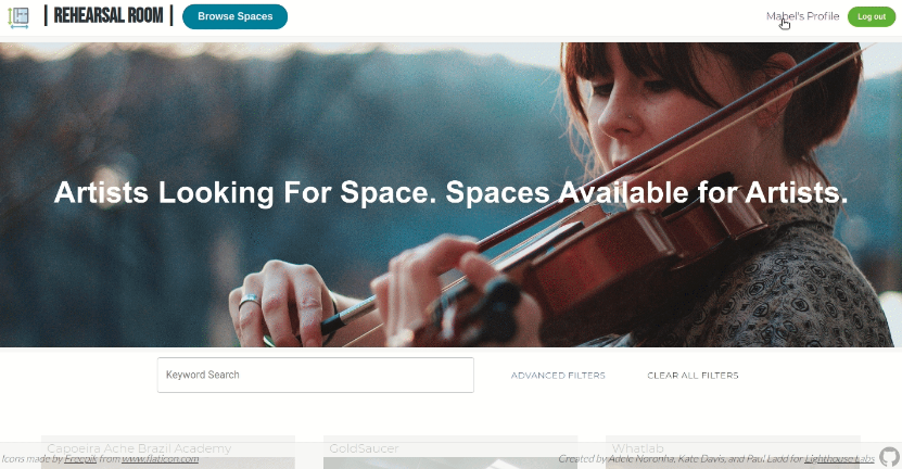 A screenshot of the Rehearsal Room front page, displaying a woman playing a violin with the text 'Artists Looking For Space. Spaces Available For Artists.'