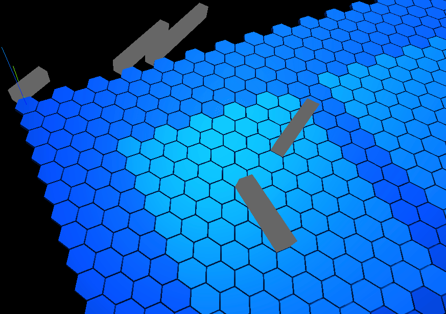 An animation showing user interaction in ShootyBoats. A cursor moves over a game board composed of blue hexagonal tiles. Each tile is highlighted in a lighter color when the cursor passes over it. The cursor interacts with several ship pieces on the board, represented by grey rectangular blocks. The user moves them to different locations on the board, selects new ones from the edge of the board, and returns some placed pieces to the edge, displaying the range of interaction that ShootyBoats supports.