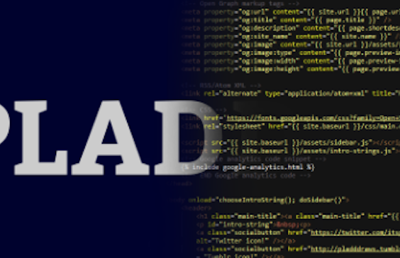 A cropped view of the banner for my old personal website. The word 'Pladd,' in a grey serif font, begins at the left of the image. At the middle of the image, after the first letter D in 'Pladd,' the word fades out to reveal a screen containing HTML markup on a dark background.