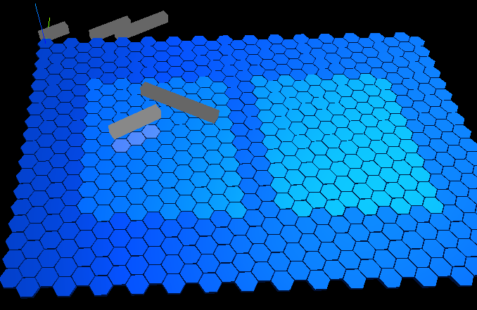 A three-dimensional game board composed of blue hexagonal tiles on a black background. Some of the tiles are highlighted with a lighter blue color, creating two distinct sections. On the left-hand section, grey rectangular blocks have been placed on the tiles, representing ship pieces on the game board.