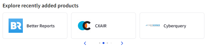A screencap of a web page section. The header says 'Explore recently added products.' Three small 'cards' are displayed in a row below the header, displaying the logos and names of three of the aforementioned products. Below the product cards, left and right buttons allow the user to navigate to a different set of three products.